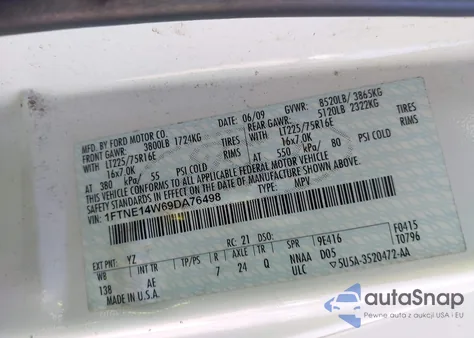 2009 Ford E-150 Commercial/Recreational из США, поврежденный, VIN 1FTNE14W69DA76498